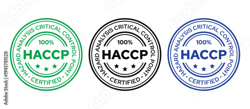 HACCP food safety system stamp. Quality warranty seal imprint. Hazard analysis and Critical Control Points emblem. 100% certified sticker. Round badge. Vector illustration.  Icon on white background