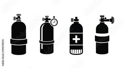 Four scuba diving tanks depicted in a striking black silhouette