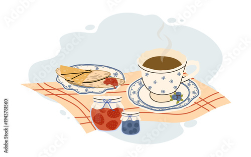 Cottagecore Breakfast with Coffee Jam and Pancakes Vector