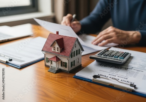 Miniature house model on documents with a calculator and person reviewing paperwork, representing real estate