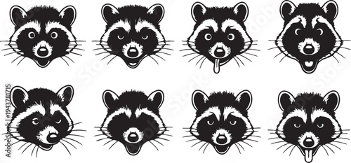Black and white raccoon faces in different expressions raccoons animal faces silhouettes