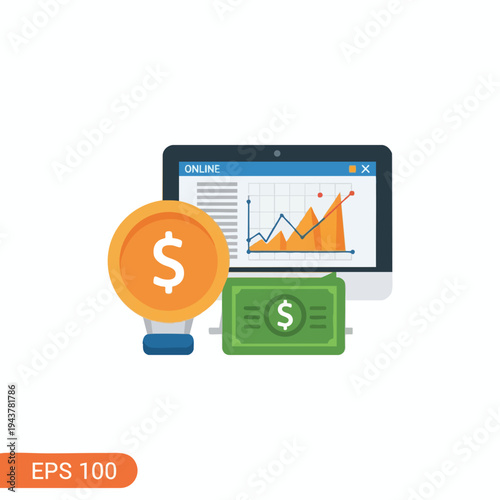 Digital currency graph on screen with dollar coin and banknote