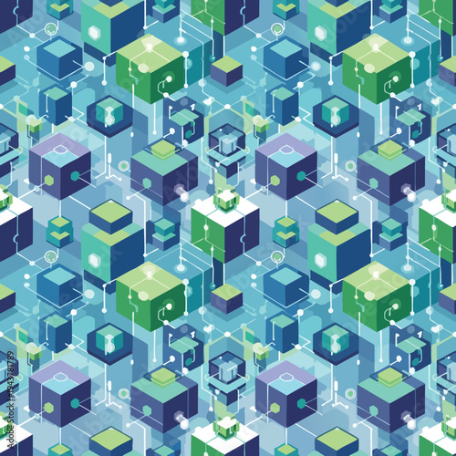 Isometric network of interconnected cubes with a digital blue and green color scheme
