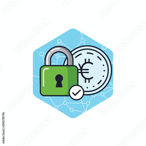 Green lock and euro symbol coin protected within a blue hexagonal grid