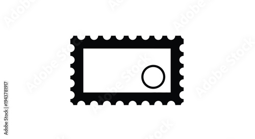 Black postage stamp design with a circular element stark silhouette