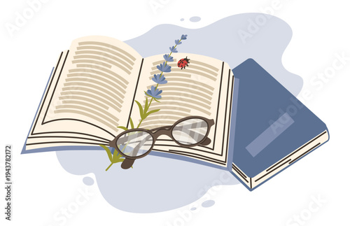 An open book with glasses and a sprig of lavender. Flat vector illustration.