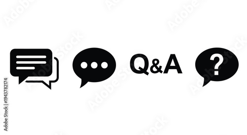 Black speech bubbles and question marks form a communication silhouette