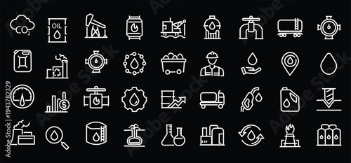 Oil and Gas web icons in line style. Fuel, gas station, refinery, petroleum, oil well, gas pump, energy, barrel, industry, transportation, collection. Vector illustration.