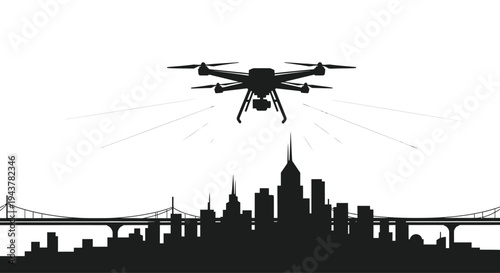 Vector illustration of drone flying over city skyline