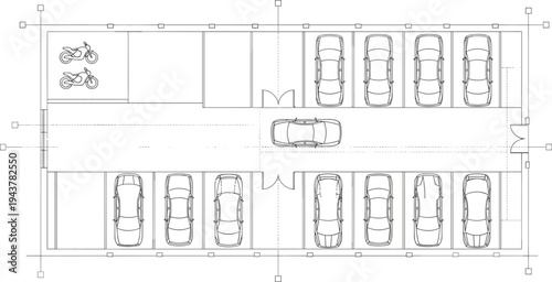 Underground parking garage floor plan illustration with car and motorcycle spaces, traffic lanes, entrances, and architectural layout for building design