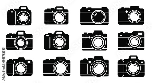 Collection of vintage camera icons in a stark black silhouette