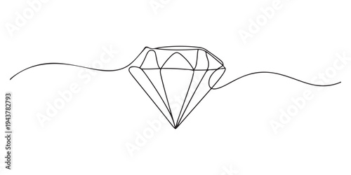 Continuous one line drawing of diamond. One line drawing illustration of diamond jewellery, Diamond one line drawing. Gem symbol continuous line illustration isolated on white background.
