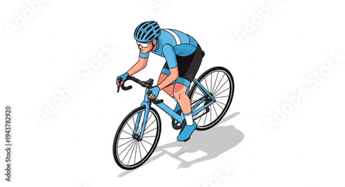 Cyclist Riding Blue Bicycle Fast.