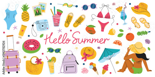 Hello summer lettering set with flat cartoon beach girl, accessories, cold drinks and tropical fruits. Vacation and sun protection essentials, holiday vector illustration collection