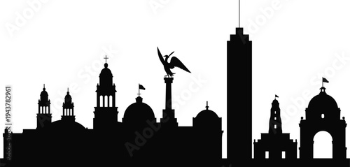 Silhouette of Mexico City skyline featuring Angel of Independence, Torre Latinoamericana, domed churches, and modern skyscrapers representing cultural heritage