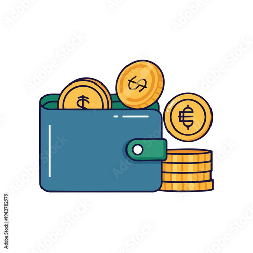 Blue wallet with green clasp overflowing with golden coins, some stacked