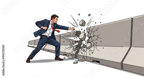 Businessman Breaking Through Wall.
