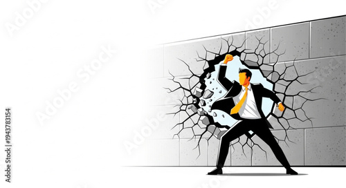 Businessman Breaking Through Wall.