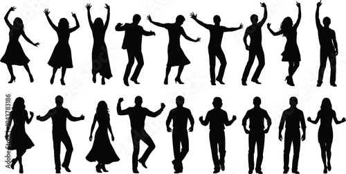 Large Group of Happy People Silhouettes Dancing and Cheerful Men and Women Celebrating at Party in Various Energetic Active Poses.