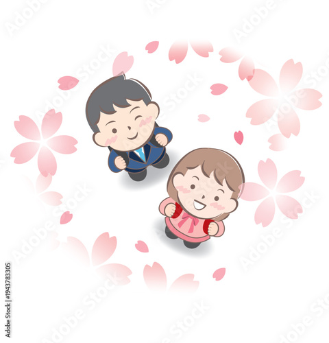 入学式で桜を見上げるランドセル姿の子供たち
