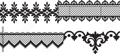 Black lace borders, floral patterns, elegant designs, ornate details, decorative edges bundle set