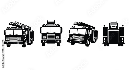 Four views of a fire truck presented in a black silhouette