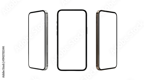 Three isolated mobile phones screens. Modern smartphone with shadows on white