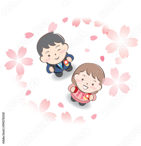 入学式で桜を見上げるランドセル姿の子供たち
