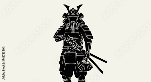 Silhouette of a Samurai Warrior in Traditional Armor with Sword and Fan