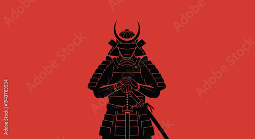 Silhouette of a Samurai Warrior in Armor with Sword, Red Background