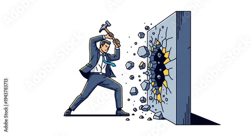 Businessman breaking through wall barrier.