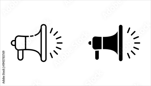 Megaphone icon set, flat line style megaphone illustrations, on a white background.