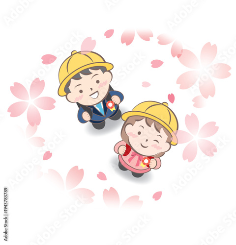 入学式で桜を見上げるランドセル姿の子供たち
