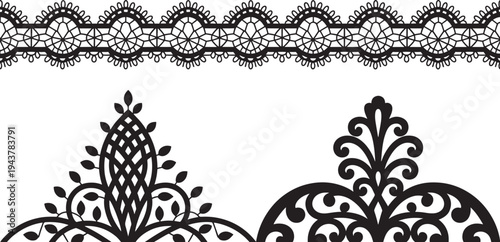 Black lace borders and floral designs on white background, elegant ornate patterns bundle set
