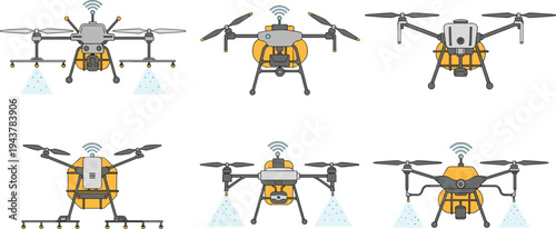 Agricultural spraying drone collection illustrating modern farming technology, crop monitoring and precision agriculture concept with multiple unmanned aerial vehicles in flat vector style
