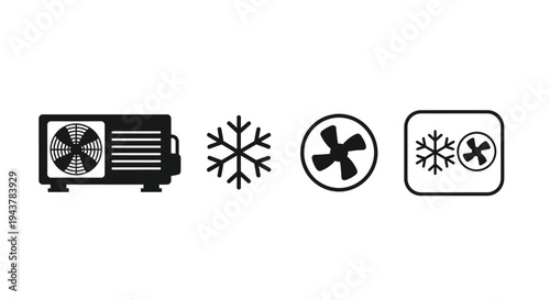 Black air conditioning and cooling system icons in a simple silhouette