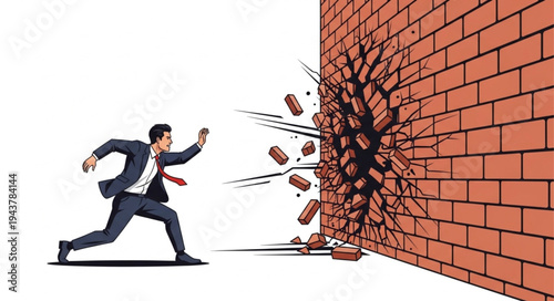 Businessman Crashing Through Brick Wall.