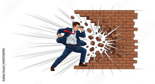 Businessman Kicking Through Brick Wall.
