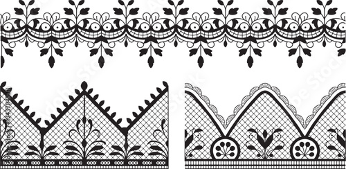 Lace borders, floral patterns, embroidery designs, black and white
