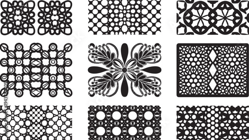 Intricate lace borders and patterns set, black designs on white background