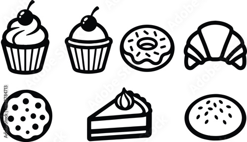 Vector illustration set of delicious Easter eggs and birthday cake with sweet cupcakes, chocolate desserts, and bakery icons for cafe menu design