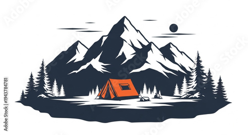 Camping Tent Mountain Landscape Scene.