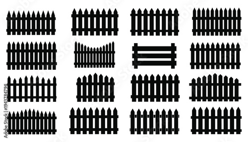 Wooden fence icon set. picket fence icon with garden picket fence silhouettes