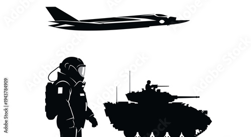 Astronaut, Jet Fighter, and Tank Silhouettes - Futuristic Military and Space Exploration Concept