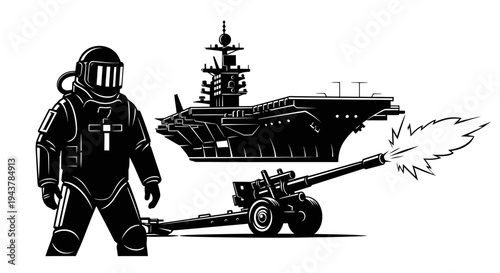 Astronaut, Aircraft Carrier, and Cannon - Military and Space Exploration Concept