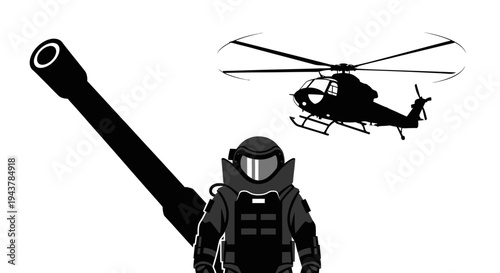 Bomb Disposal Expert and Helicopter near Cannon - Military Operations Concept