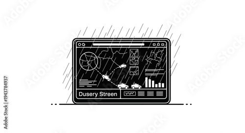 Digital Map Navigation Screen in Rain, Tracking Vehicles on Route