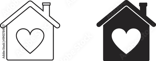 Two House Icons One Black Outline and One Black Silhouette with a Heart on White Background Keywords: house, home, heart, love