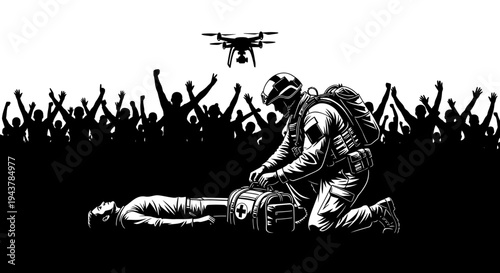Drone medical aid, soldier saving life, crowd cheering, future of emergency response