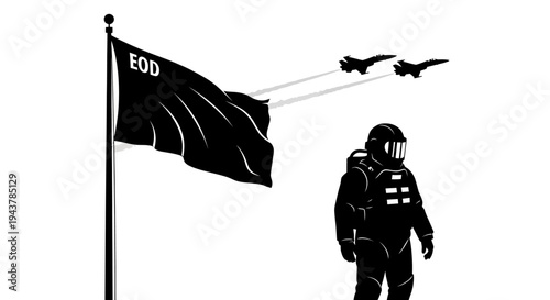 EOD Astronaut Standing Near Flag with Fighter Jets Flying Overhead